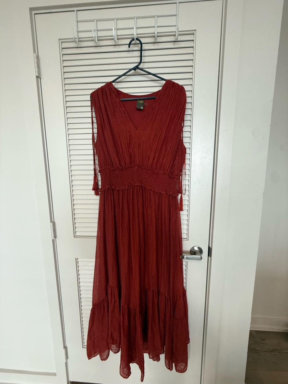 Smocked Waist V-Neck Midi Dress with Tassel Straps — Rust Red